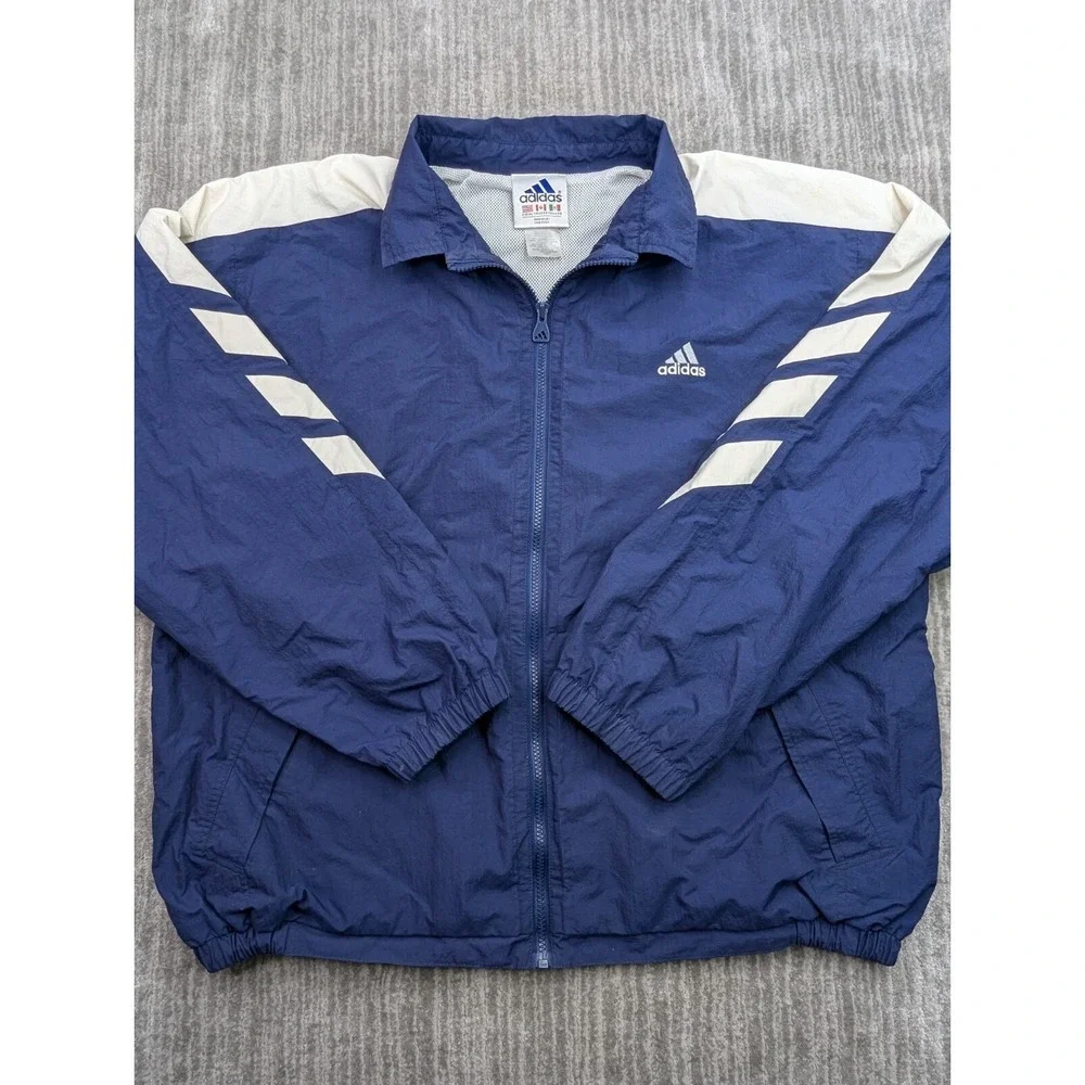 Vintage Adidas Track Jacket XL Navy White 90s 3 Stripe Logo Retro Windbreaker